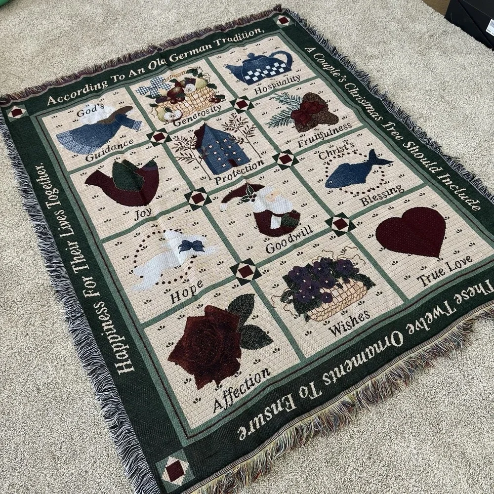 Vintage Woven Tapestry Throw Blanket German Christmas ornament tradition Couples